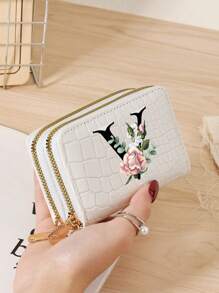 Portacarteras de mujer con textura de cocodrilo y piedra, con múltiples ranuras para tarjetas, bolsillo con cierre de doble cremallera para monedas y ventana para identificación - Impresión personalizada con letra del alfabeto A-Z, diseño de hojas verdes y flores rosas, organizador de tarjetas portátil y funcional para tarjetas de crédito