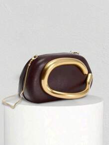 时尚简约金属扣装饰手拿包，晚宴包，欧美复古晚宴包，金属链条，盒状包，适合派对。 - 咖啡棕 - 查看 1