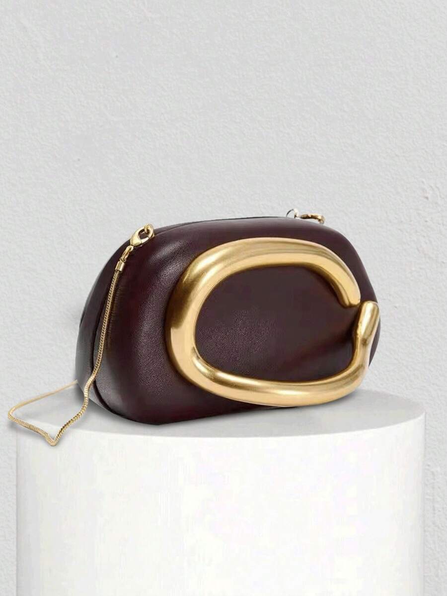 时尚简约金属扣装饰手拿包，晚宴包，欧美复古晚宴包，金属链条，盒状包，适合派对。 - 咖啡棕 - 查看 1