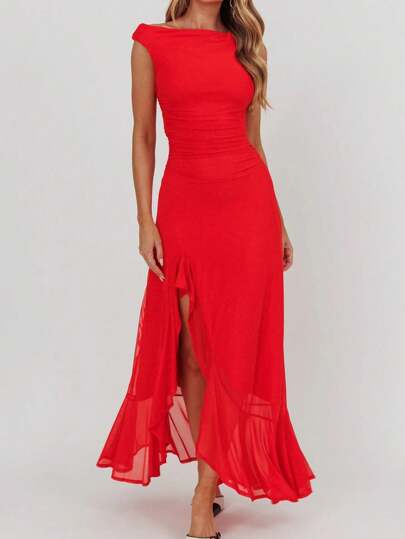 Red Double Layers Mesh Sleeveless Asymmetric Neckline Maxi Dress Women Winter Elegant Chic Wedding Dress