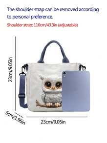 1pc Owl Printed Polyester Tote Bag For Women, Large Capacity Casual Shoulder Bag,Detachable Shoulder Strap, Versatile Fashion Handbag For Party, Travel, Suitable For Gifts To Family And Friends,Shopping - White