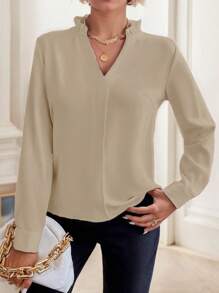 SANOPY Womens Blouses,Blouses For Women Dressy Casual,Work Blouses For Women,Women's V Neck Small Ruffle Neck V Neck Long Sleeve Elegant Shirt Top - 卡其色 - 查看 1