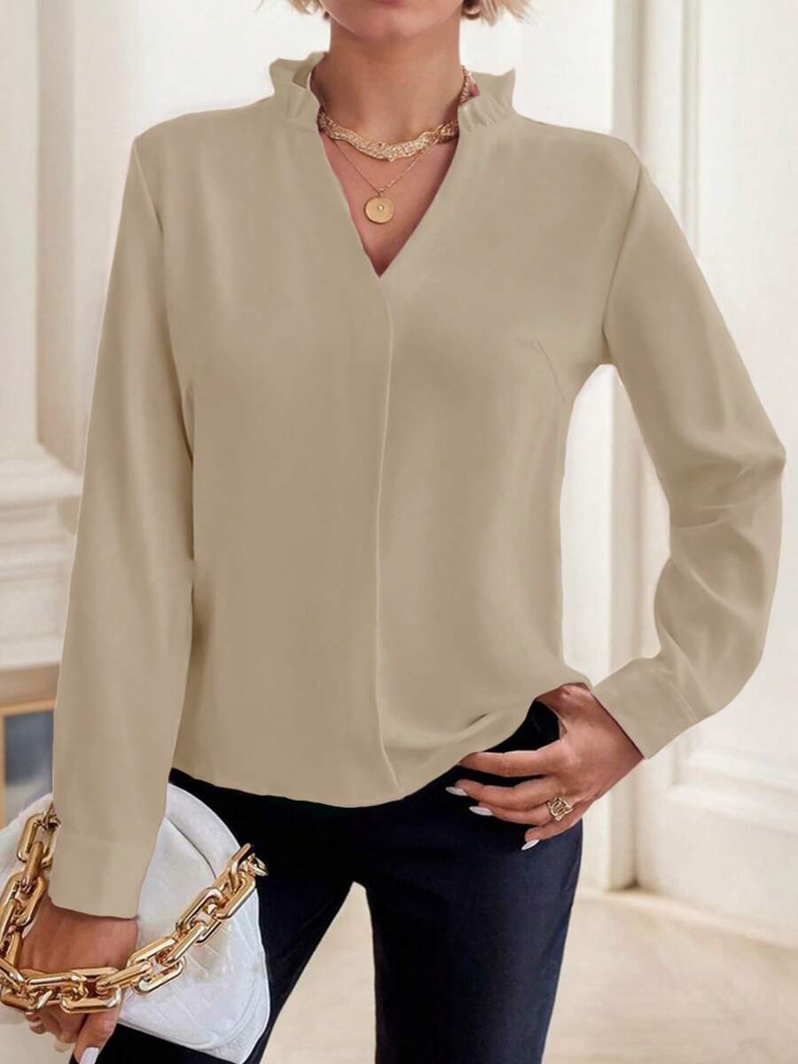 SANOPY Womens Blouses,Blouses For Women Dressy Casual,Work Blouses For Women,Women's V Neck Small Ruffle Neck V Neck Long Sleeve Elegant Shirt Top - 卡其色 - 查看 1