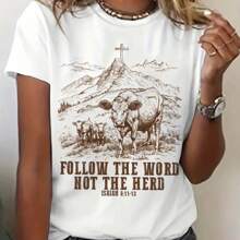 Women's Western-Inspired Graphic Tee - Casual Crew Neck, Short Sleeve Top With Stretch, Perfect For Spring & Summer - 白色 - 查看 1