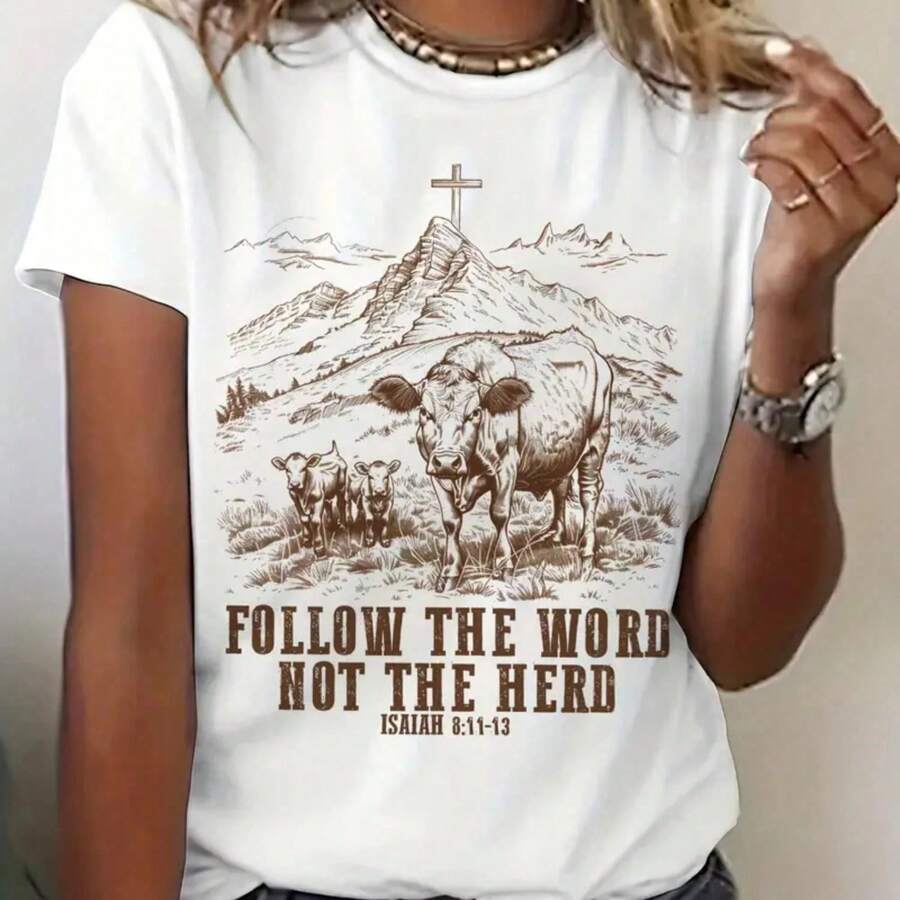 Women's Western-Inspired Graphic Tee - Casual Crew Neck, Short Sleeve Top With Stretch, Perfect For Spring & Summer - 白色 - 查看 1