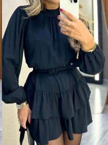 Long Sleeve Dress With Elegant Belt And Double Hem In Duna Fabric - 黑色 - 查看 2