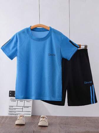 2pcs/Set Tween Boy Summer T-Shirt & Sports Set, Quick-Dry Breathable Sportswear