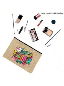 1/2 件创意教师字母印花亚麻手提包，大包带小包，卡其色和黑色购物袋，女士手提包，适合通勤、购物和日常休闲使用，适合送给家人和朋友 - 卡其色 - 查看 4