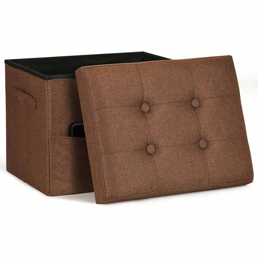 Storage Ottoman Cube, Folding Foot Rest With Thicker Foam Padded Seat. 350 Lbs Small Linen Ottoman With Storage Bench Footstool For Living Room, Bedroom, Coffee Table. 17x13x13in, Brown - Brown - View 1