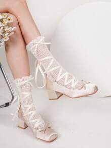 缎带蝴蝶结芭蕾平底鞋，方头，中跟，法式少女风格 - 杏色 - 查看 5