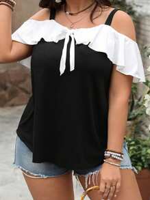 Women Plus Size Tank Tops Stylish Bow Design Contrast Color Ruffled Summer Cold Shoulder Vest