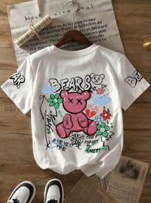 Teenage Girls' Cartoon Bear & Slogan Print Round Neck Short Sleeve T-Shirt, Casual & Soft Summer Top - White - View 1