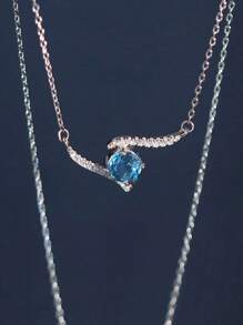 S925 纯银球形旋转吊坠项链，适合女士，优雅奢华时尚精致日常百搭迷人 - 藍色 - 查看 1