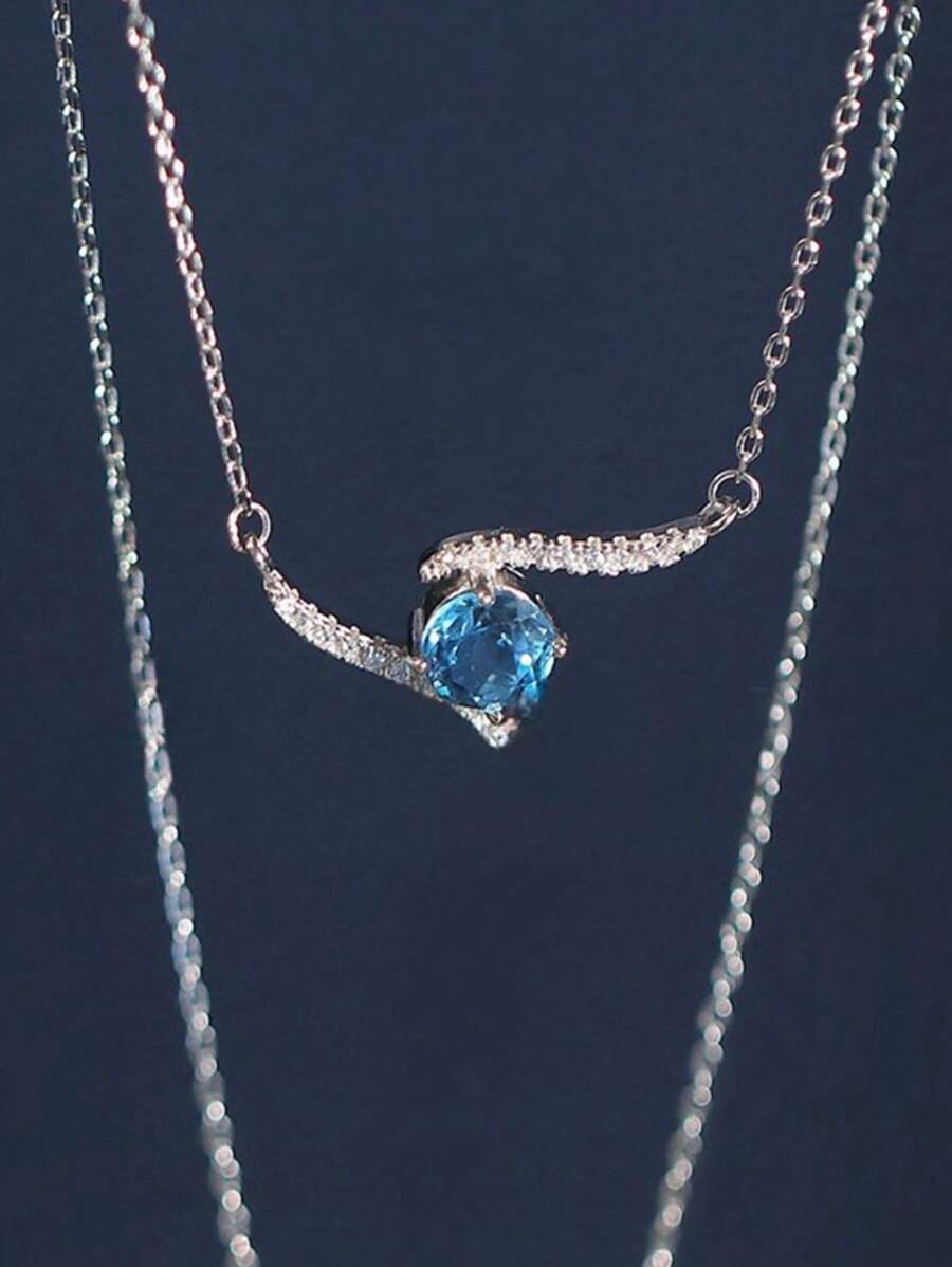 S925 纯银球形旋转吊坠项链，适合女士，优雅奢华时尚精致日常百搭迷人 - 藍色 - 查看 1