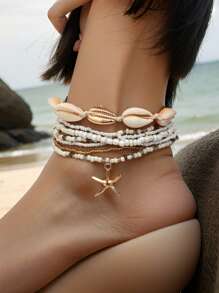7Pcs/Set Fashionable Starfish Woven Anklet, Beach Shell Beaded Foot Jewelry Accessories - Beige - View 1