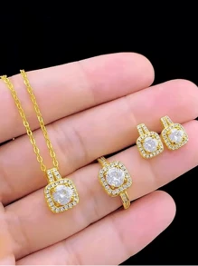 3pcs/Set Luxurious Full Rhinestone Ring, Earring & Necklace Jewelry Set - Necklace Three Piece Set - View 2