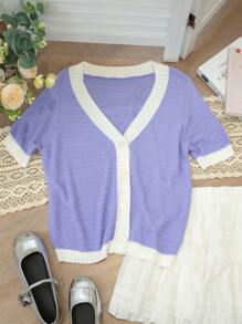Contrast Color V-Neck Elegant Knit Short Sleeve Cardigan, Buttons Design Casual Tops For Women, Knitted Texture Loose Fit, Suitable For Going Out, Home, Date, Vacation