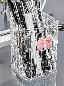 1pc Clear Acrylic Desk Organizer With Bow Accent - PMMA Pen Holder And Storage Basket For Office Supplies, Pens, And Accessories