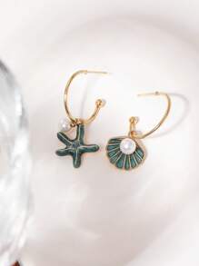 1Pair New Hot Boho Style Pearl Shell Starfish Pendant C-Shaped Drop Earrings For Women Summer Beach Jewelry