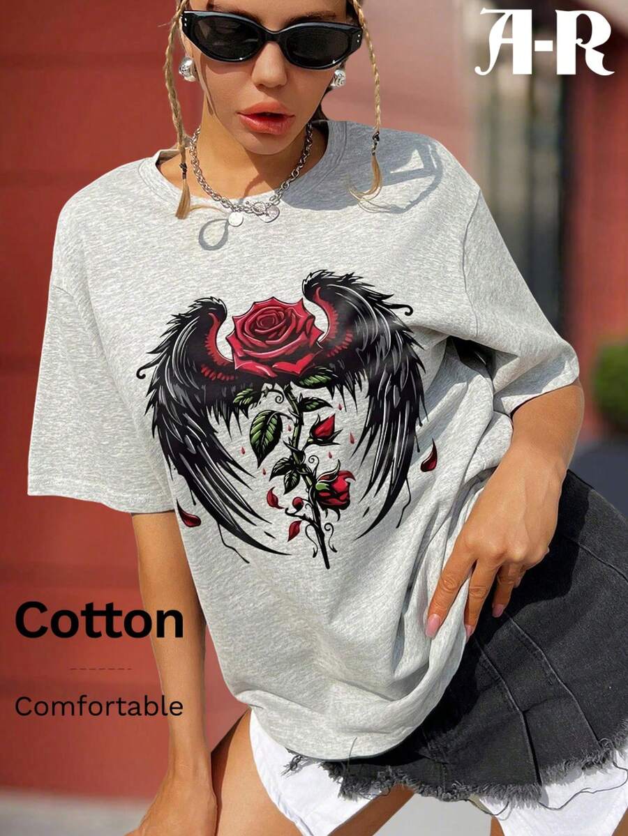 清凉感玫瑰翅膀印花，100% 纯棉女式 T 恤，上衣宽松休闲百搭街头风，学院风春夏垂坠柔软透气短袖上衣，居家休闲，户外运动 - 花灰 - 查看 1