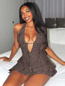 Deep V-Neck Backless Ripped Asymmetric Fashionable Sexy Mini Dress - Brown - View 6