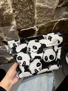 1 pieza Bolsa de maquillaje con estampado de panda, estuche de lona para cosméticos, bolsa de artículos de aseo, organizador de viaje, bolso de mano, bolsa de ropa interior