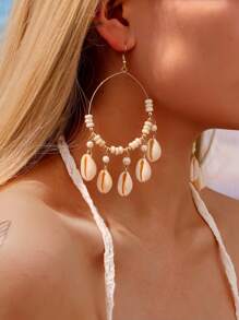 1 par de pendientes de aro colgantes con conchas y cuentas, estilo playa de verano para mujer, aretes a juego para vacaciones en la playa de estilo casual