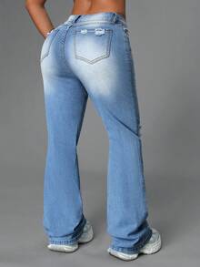 Casual Washed Ripped Slim Fit Flare Leg Jeans - Blue - View 2