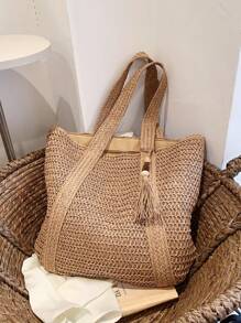BAILEE A Stylish, Casual, Handcrafted, Solid-Colored Woven Tote Bag With Wooden Bead And Tassel Decorations, Perfect For Gifting. - Khaki - View 14