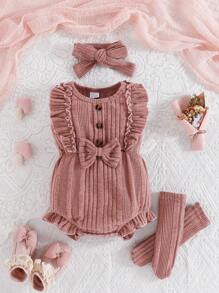 Conjunto de verão para bebê menina com body sem mangas com laço de renda, faixa de cabelo e meias. - Rosa Empoeirado - Ver 1