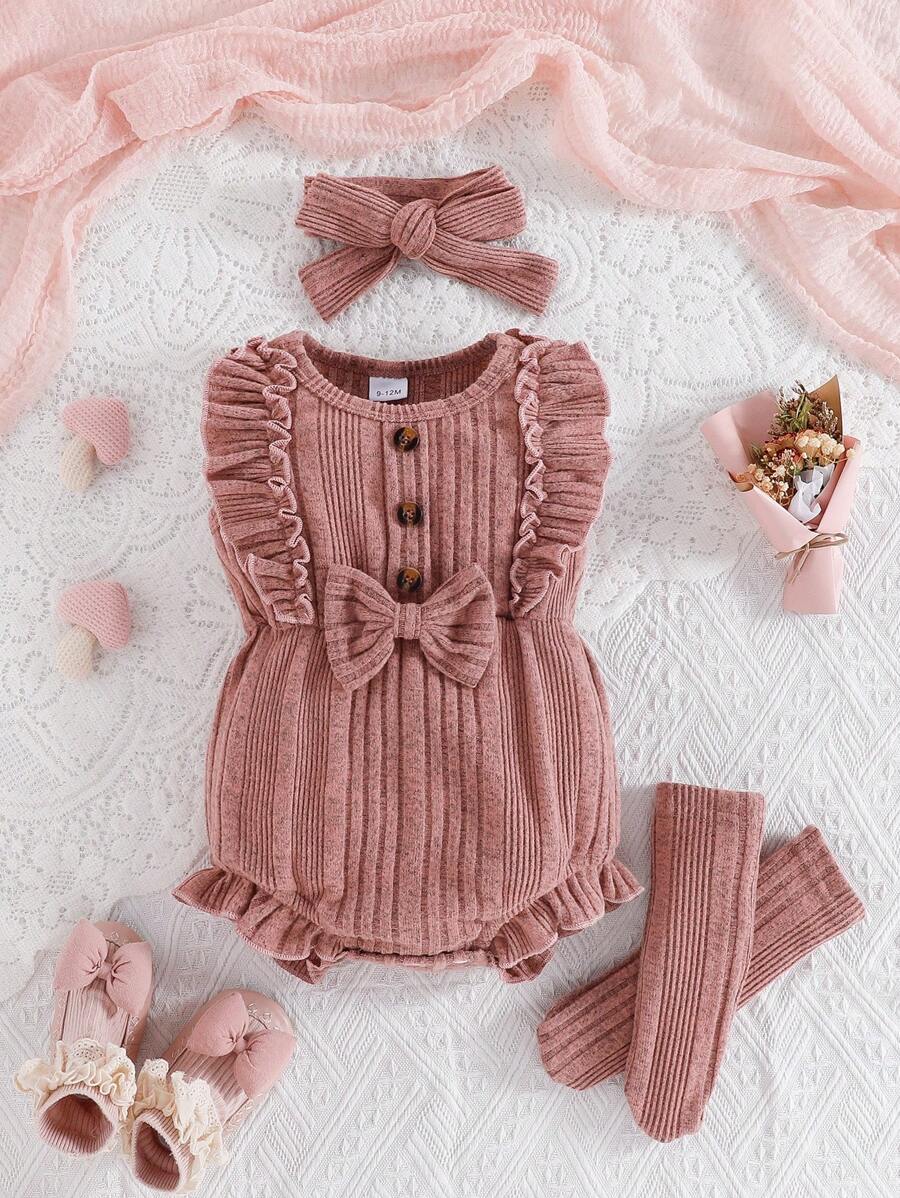 Conjunto de verão para bebê menina com body sem mangas com laço de renda, faixa de cabelo e meias. - Rosa Empoeirado - Ver 1
