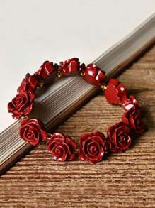 朱砂玫瑰弹力手链DIY四叶草串珠手链新款时尚女士手链饰品礼物8毫米 - 酒紅色 - 查看 14