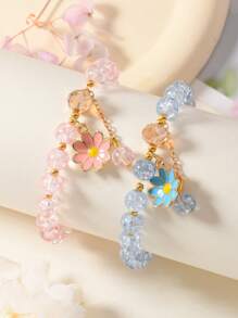 3 pièces/2 pièces/1 pièce Bracelet avec pendentif en alliage de zinc et perles en verre craquelé, perles de verre craquelé de couleur bonbon avec pendentif fleur marguerite, de conception élégante, idéal pour assortir avec des amis, parfait pour la rentrée scolaire - Multicolore - Voir 12