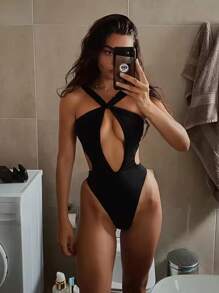 新款春夏性感优雅黑色纯色镂空连体泳衣，适合海滩、派对、约会度假等场合。 - 黑色 - 查看 1