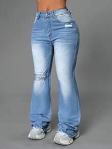 Casual Washed Ripped Slim Fit Flare Leg Jeans - Blue - View 5