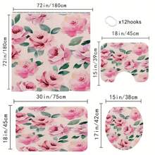 Juego de 4 piezas de cortina de ducha con estampado de flores, cortina de ducha de lujo con flores para la temporada de bodas, cortina de ducha personalizada con amor y rosas, cortina de ducha de tela de poliéster con 12 ganchos, alfombra de baño antideslizante y de secado rápido, alfombra para el inodoro, alfombra de baño, alfombra en forma de U antideslizante, decoración de boda
