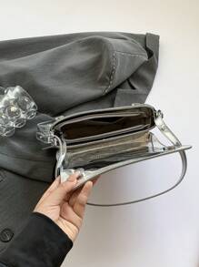 Fashionable Plain Glossy Crossbody Shoulder Bag For Women, Metal Mirror Simple Office Flap Underarm Messenger Pouch