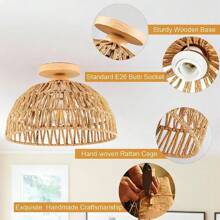 1pc Woven Straw Bird Cage Pendant Light, Rattan Ceiling Lamp For Living Room, Dining Room, Balcony, Hallway