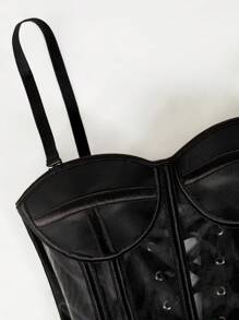 1pc Sheer Mesh Wrap Bustier Top, Sexy Strapless Satin Lace-Up Bodysuit Crop Top, Suitable For Women's Outings/Halloween Party - Black - View 4