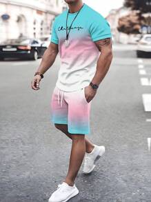 Set de 2 piezas de traje casual de verano para hombres, camiseta de cuello redondo de manga corta con bloques de color y conjunto de pantalones cortos con cordón, pantalones cortos de playa, conjunto de entrenamiento, tallas grandes