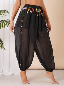 女式肚皮舞硬币灯笼裤侧开叉亮片雪纺裤宽松阿拉伯哈伦裤万圣节服装派对舞蹈服