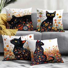 Set de 4 fundas de cojín decorativas con diseño de gato negro y flores de Klimt, hechas de tela de terciopelo suave, impresión unilateral, de 45 * 45 cm, adecuadas para sala de estar, dormitorio, sofá, decoración del hogar, regalo