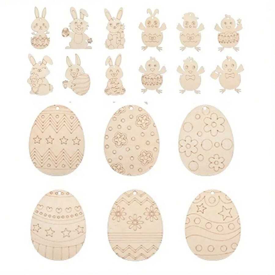 18 件复活节装饰品套装，DIY 鸡蛋、兔子和鸡，木制复活节装饰品适合涂鸦，适合家庭节日。 - 彩色 - 查看 1