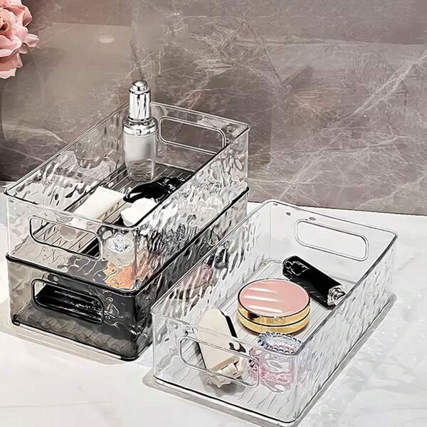 1pc Clear Corrugated Plastic Storage Basket, Unscented Cosmetic Organizer, Stackable Vanity Shelf, Skin Care And Snack Shelf, Bathroom Accessory For Back-To-School And Dorm Room Essentials Back To School