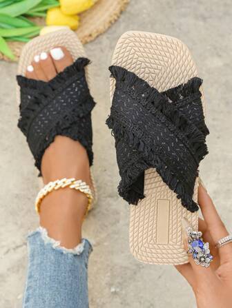 Nya moderiktiga kvinnors sommar/vår/höst sexiga öppna tå crossover platta sandaler, lätta bekväma andningsbara halkfria strandtofflor, mångsidiga för fritidskläder