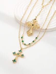 3 Pcs Layering Cross Pendant Necklaces Set Blue Rhinestone Decor Cross Necklace Vergin Mary Necklace Cross Necklaces Set For Women - Multicolor - View 2