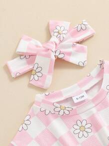 Toddler Girl Clothes 6M 12M 18M 24M 3T 4T Baby Girls Outfits Summer Floral Checkerboard Print Shirt+Shorts+Headband 3pcs Baby Clothing - 粉色 - 查看 4
