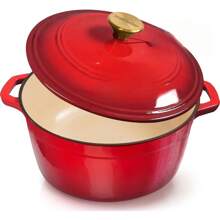 Horno holandés de hierro fundido esmaltado de 6 cuartos de galón, cacerola resistente y sartén con tapa y perilla de acero inoxidable, seguro para todas las estufas - Rojo - - Ver 1