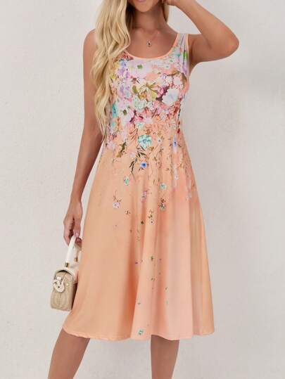 Vestido sem mangas estampado em linha A - Mistura de poliéster, lavável à máquina, adequado para atividades de primavera/verão