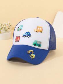 1 Peça Boné de Verão Respirável de Malha com Remendo Estampado de Carro em Série para Meninos Pequenos, Remendo de Couro Macio DIY, Decoração de Caminhão Cartoon 3D, Proteção Solar, Poliéster, Estilo Coreano